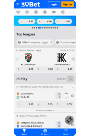 Casino of sport keuze in de 30Bet app