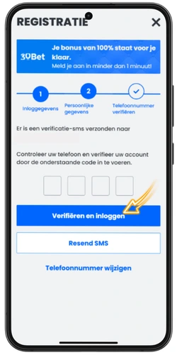 30Bet sms-verificatiescherm met invoerveld voor bevestigingscode en knop Verifiëren en inloggen