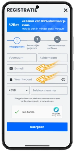 30Bet registratieformulier stap 1 met velden voor e-mail en wachtwoord