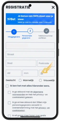 30Bet registratieformulier met geslacht en akkoord-checkboxes voor leeftijdsbevestiging