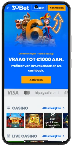 30Bet startpagina met Aanmelden-knop rechtsboven op mobiel scherm