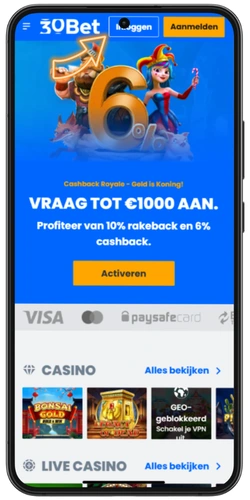 Klik op de website van 30Bet op de knop ‘Inloggen’ in de rechterbovenhoek
