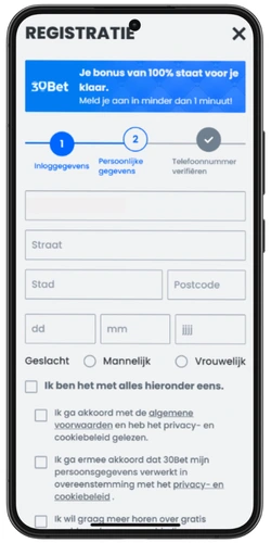 30Bet registratieformulier stap 2 met velden voor naam, adres en geboortedatum